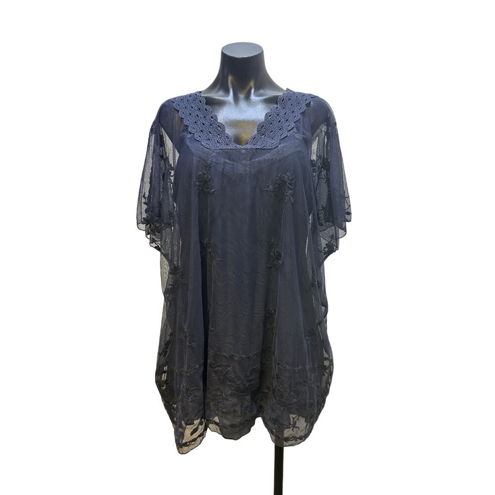 Love and Liberty Navy Blue Sheer Floral Embroidered Blouse Size L